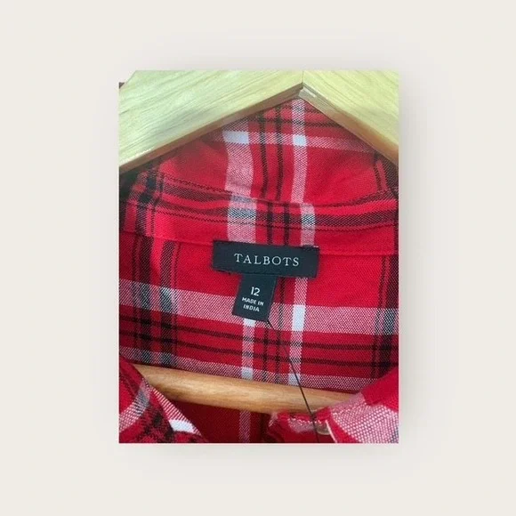 Talbots Women's Red Plaid Flannel Shirt Dress Size 12 Long Sleeve Tie Waist NWT - Picture 3 of 5